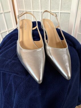 Soda Metallic Silver Pointed Toe Slingback Heels